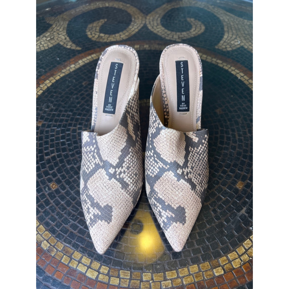 Steven Steve Madden Josette Mule Heels Womens 7.5 Snakeskin Pointed Toe Block He - Picture 1 of 7